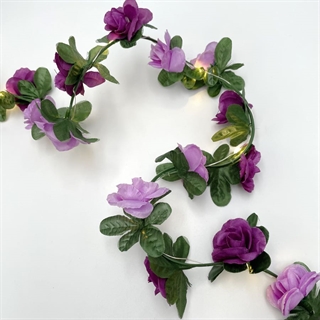 Lyskæde med mørke og lyse lilla blomster og grønne blade - 2,2 m 20 lys